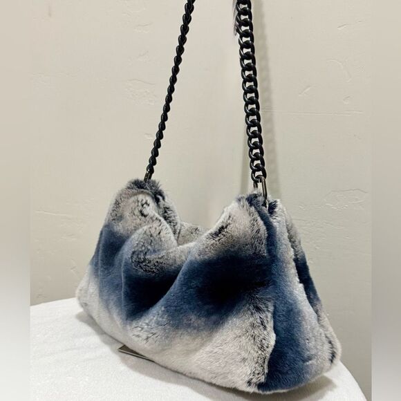Gray Gradient Real Rex Rabbit Fur Soft Slouchy Bag/Crossbody & Fur Balls Charm - Picture 10 of 17